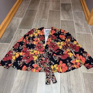 Susan Graver Floral Wrap Top Women’s 1X Black Orange Red Peplum Tie Cardigan